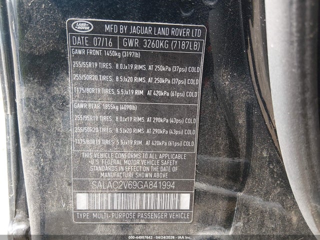 2016 Land Rover Lr4 მანქანა იყიდება აუქციონზე, vin: SALAC2V69GA841994, აუქციონის ნომერი: 44957642