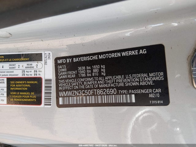 Aukcja sprzedaży 2015 Mini Convertible Cooper, vin: WMWZN3C50FT862690, numer aukcji: 44957652