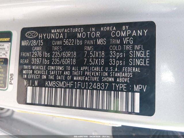 Продаж на аукціоні авто 2015 Hyundai Santa Fe Gls, vin: KM8SMDHF1FU124837, номер лоту: 44957656