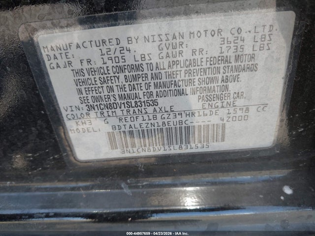 2025 Nissan Versa 1.6 S მანქანა იყიდება აუქციონზე, vin: 3N1CN8DV1SL831535, აუქციონის ნომერი: 44957659