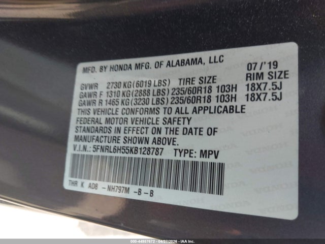 2019 Honda Odyssey Ex მანქანა იყიდება აუქციონზე, vin: 5FNRL6H55KB128787, აუქციონის ნომერი: 44957672