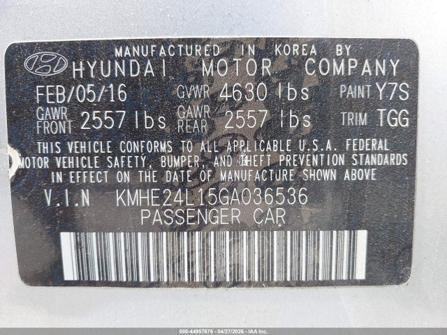 Aukcja sprzedaży 2016 Hyundai Sonata Hybrid Se, vin: KMHE24L15GA036536, numer aukcji: 44957676