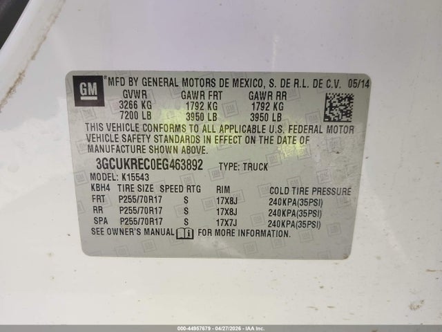 Aukcja sprzedaży 2014 Chevrolet Silverado 1500 1lt, vin: 3GCUKREC0EG463892, numer aukcji: 44957679