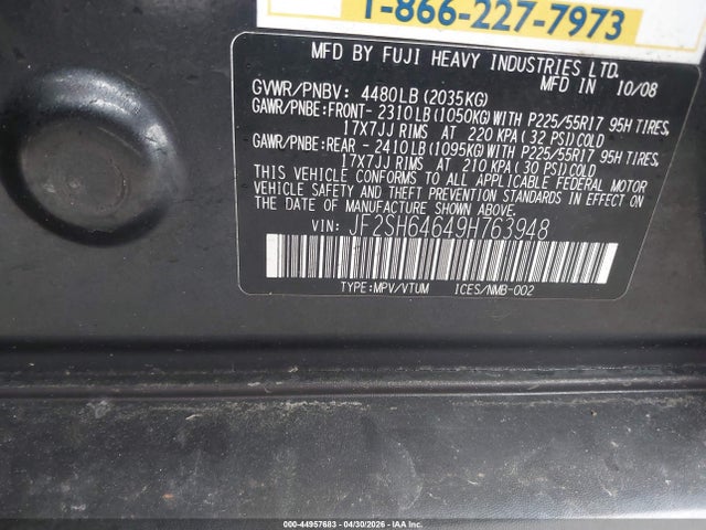 Aukcja sprzedaży 2009 Subaru Forester 2.5x L.l. Bean Edition/2.5x Limited, vin: JF2SH64649H763948, numer aukcji: 44957683