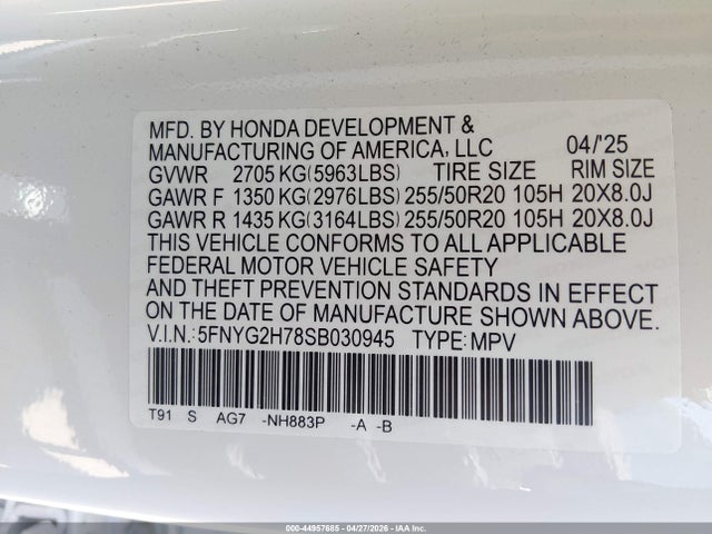 Продаж на аукціоні авто 2025 Honda Pilot Touring, vin: 5FNYG2H78SB030945, номер лоту: 44957685