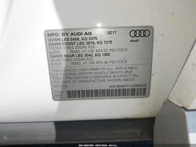 44957696 :رقم المزاد ، WA1BNAFY1J2006435 vin ، 2018 Audi Q5 2.0t Premium/2.0t Tech Premium مزاد بيع