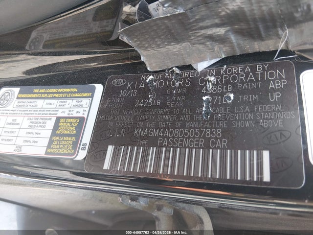 44957702 :رقم المزاد ، KNAGM4AD8D5057838 vin ، 2013 Kia Optima Hybrid Ex مزاد بيع