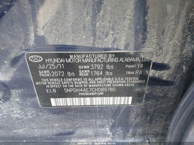 2012 Hyundai Elantra Gls მანქანა იყიდება აუქციონზე, vin: 5NPDH4AE7CH089780, აუქციონის ნომერი: 44957722