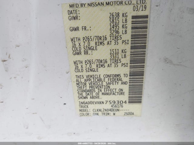 Aukcja sprzedaży 2019 Nissan Frontier Sv, vin: 1N6AD0EVXKN759304, numer aukcji: 44957733