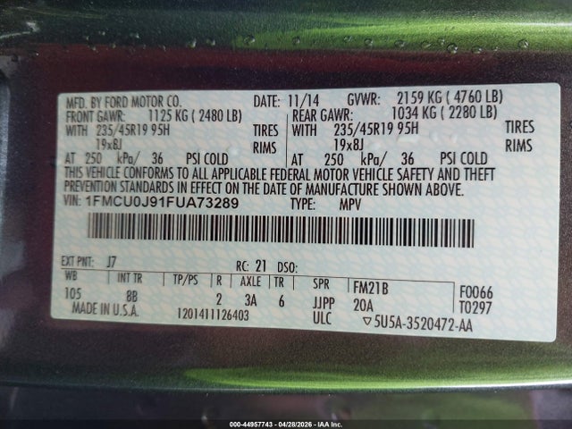 44957743 :رقم المزاد ، 1FMCU0J91FUA73289 vin ، 2015 Ford Escape Titanium مزاد بيع