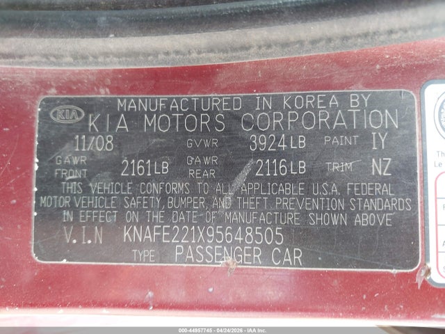 2009 Kia Spectra Ex მანქანა იყიდება აუქციონზე, vin: KNAFE221X95648505, აუქციონის ნომერი: 44957745