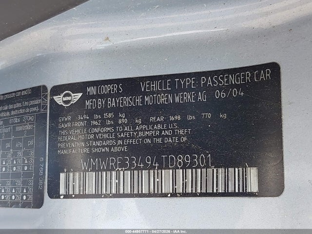Продаж на аукціоні авто 2004 Mini Cooper S, vin: WMWRE33494TD89301, номер лоту: 44957771