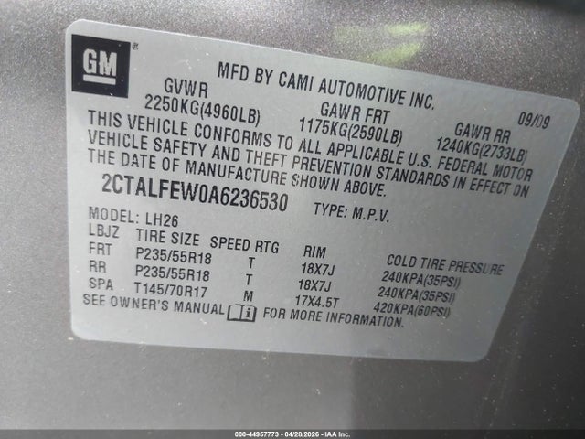Aukcja sprzedaży 2010 Gmc Terrain Slt-1, vin: 2CTALFEW0A6236530, numer aukcji: 44957773