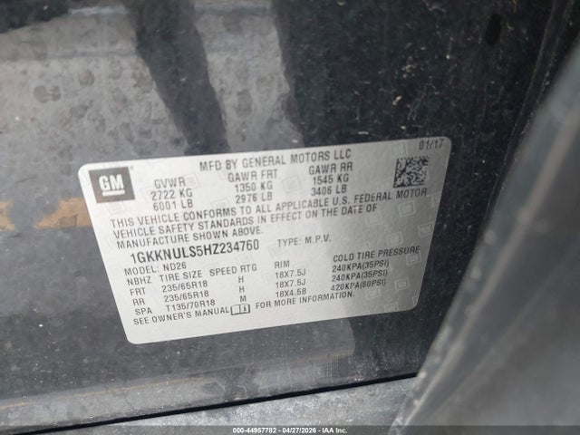 Aukcja sprzedaży 2017 Gmc Acadia Slt-1, vin: 1GKKNULS5HZ234760, numer aukcji: 44957782