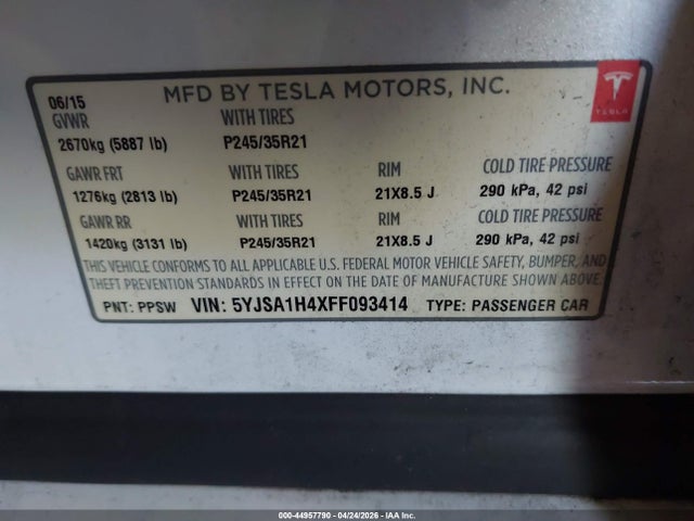 Tesla Model S 85d/p85d 2015 5YJSA1H4XFF093414 Image 9
