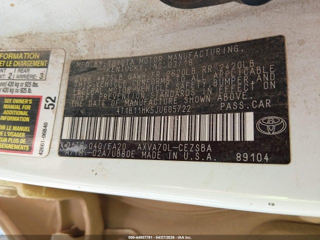 Aukcja sprzedaży 2018 Toyota Camry Se, vin: 4T1B11HK5JU605722, numer aukcji: 44957791