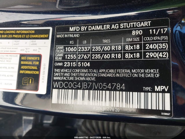 Aukcja sprzedaży 2018 Mercedes-benz Glc 300, vin: WDC0G4JB7JV054784, numer aukcji: 44957792
