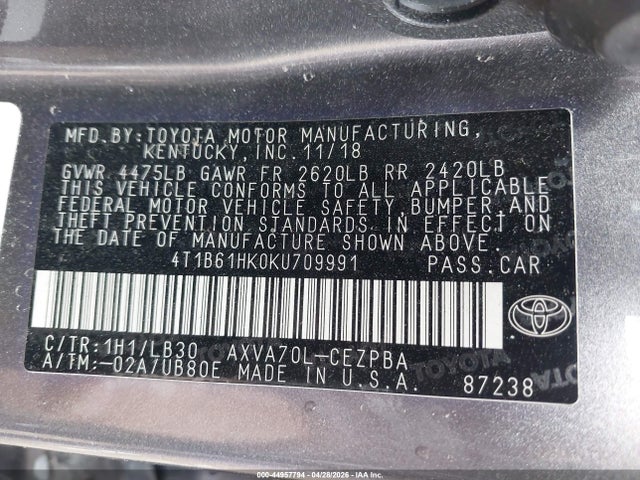 2019 Toyota Camry Xse მანქანა იყიდება აუქციონზე, vin: 4T1B61HK0KU709991, აუქციონის ნომერი: 44957794