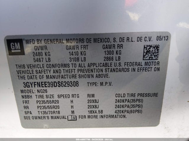 44957796 :رقم المزاد ، 3GYFNEE39DS629308 vin ، 2013 Cadillac Srx Premium Collection مزاد بيع