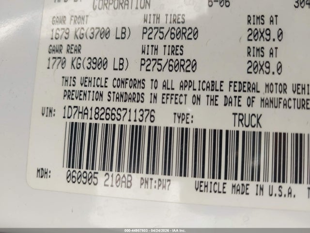 Продажа на аукционе авто 2006 Dodge Ram 1500 Slt, vin: 1D7HA18266S711376, номер лота: 44957803