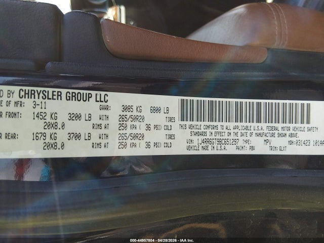 2011 Jeep Grand Cherokee Overland მანქანა იყიდება აუქციონზე, vin: 1J4RR6GT9BC651297, აუქციონის ნომერი: 44957804