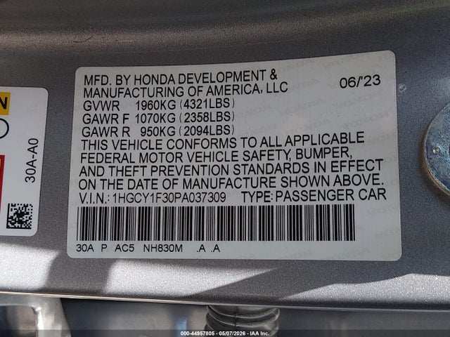 2023 Honda Accord Ex მანქანა იყიდება აუქციონზე, vin: 1HGCY1F30PA037309, აუქციონის ნომერი: 44957805