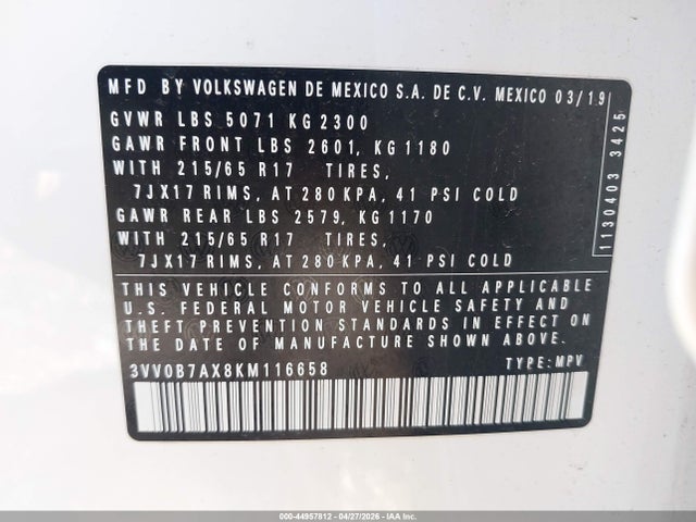 Aukcja sprzedaży 2019 Volkswagen Tiguan 2.0t S, vin: 3VV0B7AX8KM116658, numer aukcji: 44957812