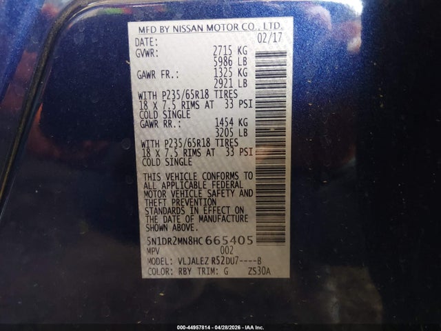 Продажа на аукционе авто 2017 Nissan Pathfinder Sv, vin: 5N1DR2MN8HC665405, номер лота: 44957814