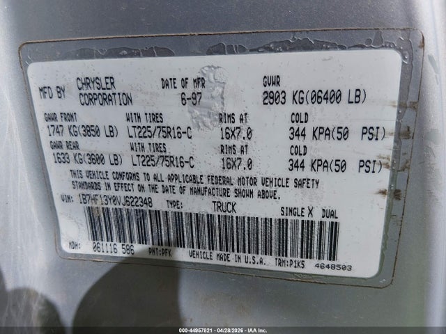 1997 Dodge Ram 1500 St მანქანა იყიდება აუქციონზე, vin: 1B7HF13Y0VJ622348, აუქციონის ნომერი: 44957821