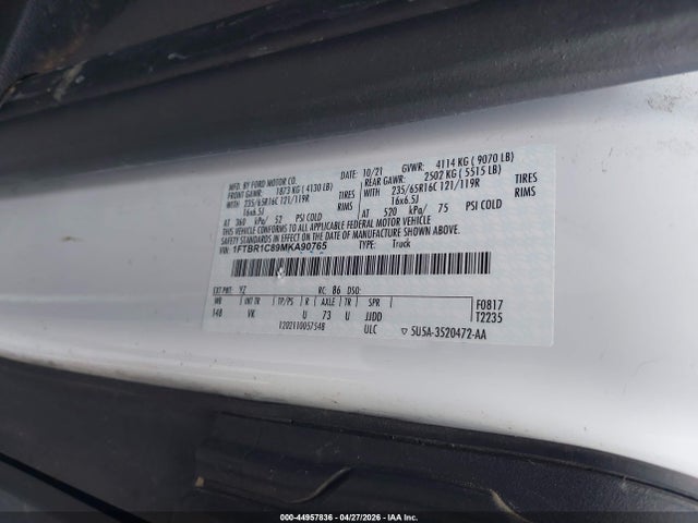 2021 Ford Transit-250 მანქანა იყიდება აუქციონზე, vin: 1FTBR1C89MKA90765, აუქციონის ნომერი: 44957836