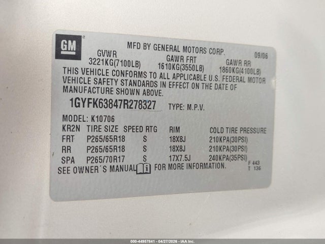 Продажа на аукционе авто 2007 Cadillac Escalade Standard, vin: 1GYFK63847R278327, номер лота: 44957841