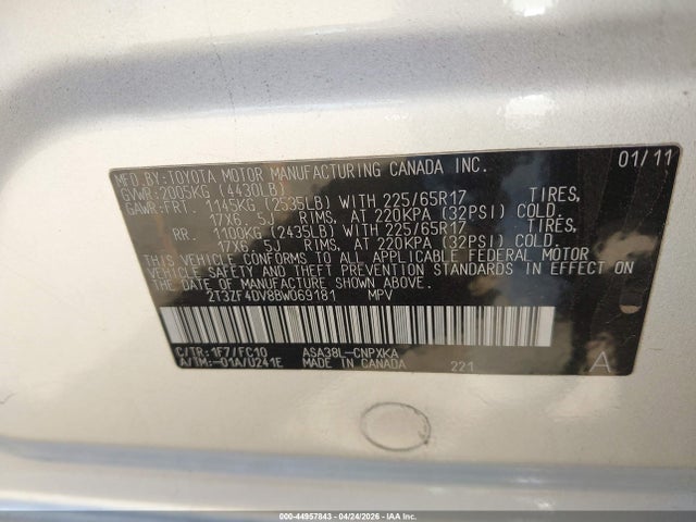 Aukcja sprzedaży 2011 Toyota Rav4, vin: 2T3ZF4DV8BW069181, numer aukcji: 44957843