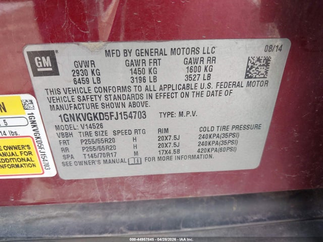 44957845 :رقم المزاد ، 1GNKVGKD5FJ154703 vin ، 2015 Chevrolet Traverse 1lt مزاد بيع