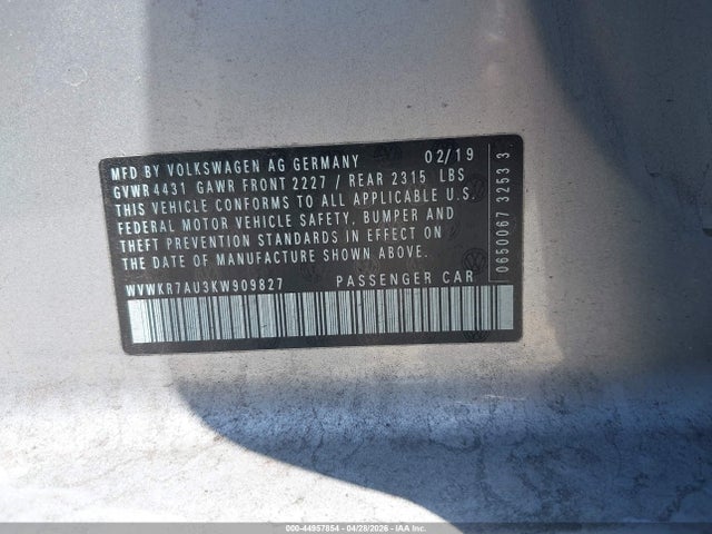 Aukcja sprzedaży 2019 Volkswagen E-golf Se, vin: WVWKR7AU3KW909827, numer aukcji: 44957854