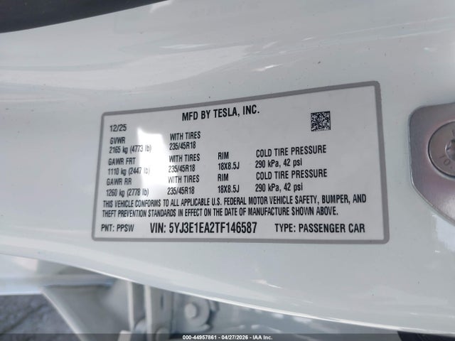2026 Tesla Model 3 Premium Rear-wheel Drive/rear-wheel Drive მანქანა იყიდება აუქციონზე, vin: 5YJ3E1EA2TF146587, აუქციონის ნომერი: 44957861