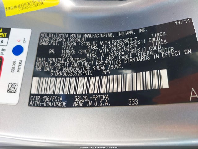 Продажа на аукционе авто 2012 Toyota Sienna Le V6 8 Passenger, vin: 5TDKK3DC2CS201540, номер лота: 44957869