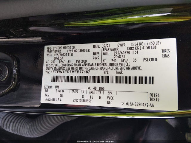 Продажа на аукционе авто 2021 Ford F-150 Platinum, vin: 1FTFW1ED7MFB77187, номер лота: 44957872