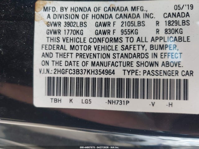 Продажа на аукционе авто 2019 Honda Civic Ex, vin: 2HGFC3B37KH354964, номер лота: 44957875