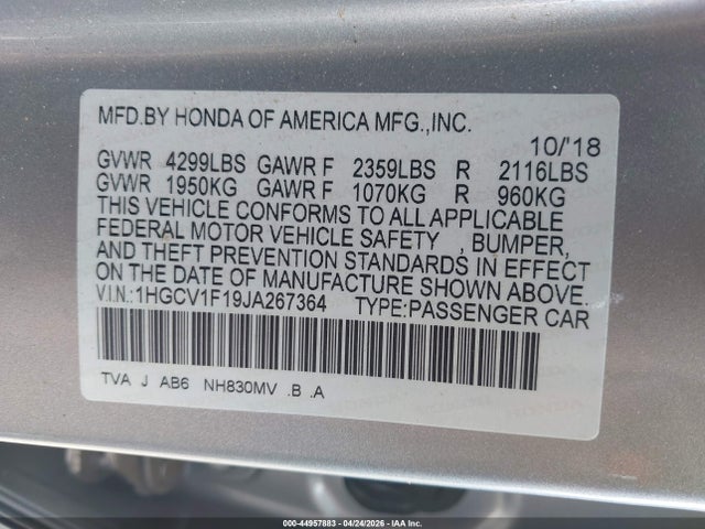 Aukcja sprzedaży 2018 Honda Accord Lx, vin: 1HGCV1F19JA267364, numer aukcji: 44957883