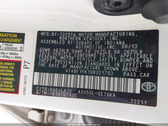 2013 Toyota Camry Xle მანქანა იყიდება აუქციონზე, vin: 4T4BF1FK1DR321793, აუქციონის ნომერი: 44957886