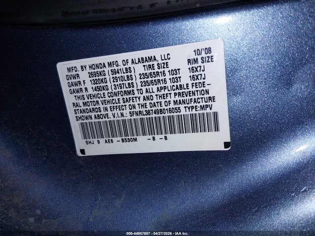 Продаж на аукціоні авто 2009 Honda Odyssey Ex-l, vin: 5FNRL38749B016055, номер лоту: 44957887