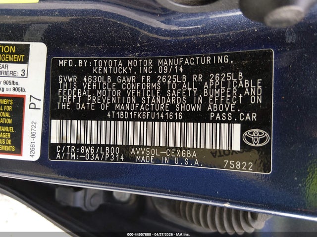 Aukcja sprzedaży 2015 Toyota Camry Hybrid Xle, vin: 4T1BD1FK6FU141616, numer aukcji: 44957888