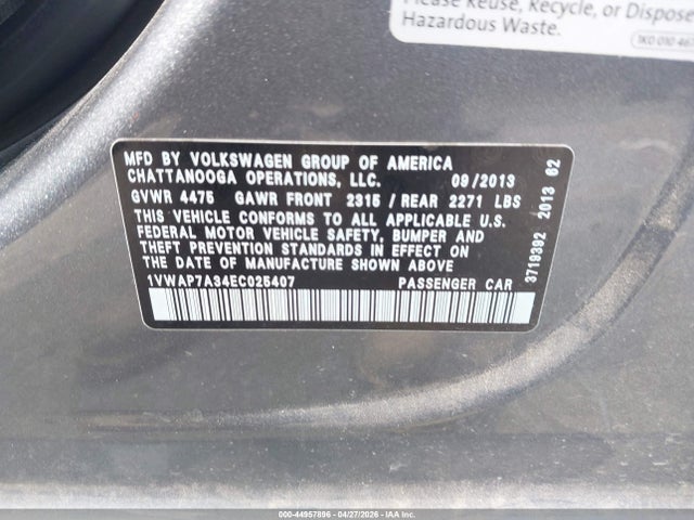 Aukcja sprzedaży 2014 Volkswagen Passat 2.5l S, vin: 1VWAP7A34EC025407, numer aukcji: 44957896
