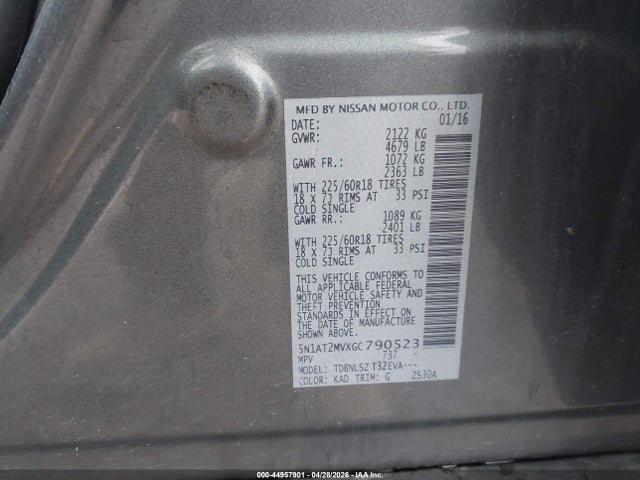 Aukcja sprzedaży 2016 Nissan Rogue Sl, vin: 5N1AT2MVXGC790523, numer aukcji: 44957901