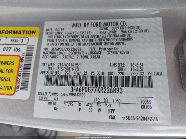 2019 Ford Fusion S მანქანა იყიდება აუქციონზე, vin: 3FA6P0G77KR226893, აუქციონის ნომერი: 44957906