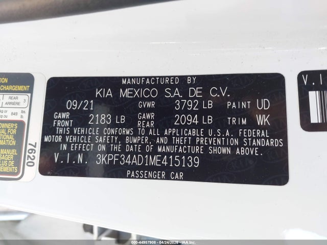 Aukcja sprzedaży 2021 Kia Forte Gt-line, vin: 3KPF34AD1ME415139, numer aukcji: 44957908