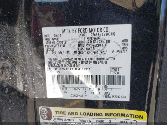 Продажа на аукционе авто 2013 Ford F-150 Xlt, vin: 1FTFW1ET1DFA00867, номер лота: 44957911