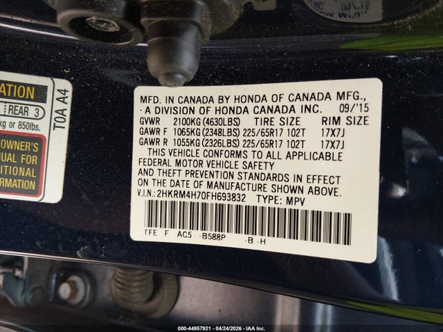 Honda Cr-v Ex-l 2015 2HKRM4H70FH693832 Image 9