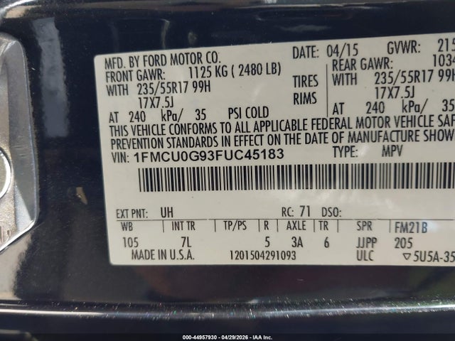 Aukcja sprzedaży 2015 Ford Escape Se, vin: 1FMCU0G93FUC45183, numer aukcji: 44957930