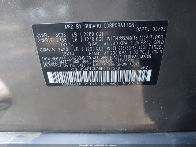 Aukcja sprzedaży 2023 Subaru Outback Limited Xt, vin: 4S4BTGND9P3193578, numer aukcji: 44957941